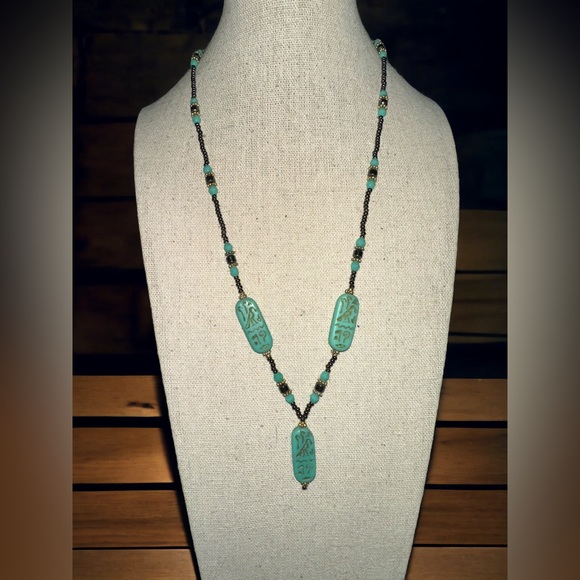 Aqua, Gold, Hematite Czech beaded Egyptian Cartouche Hieroglyphics Necklace 20” - Picture 3 of 4